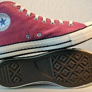 2011 Red Stonewashed Canvas High Top Chucks  Inside patch and sole views of 2011 red stonewashed canvas high tops.