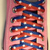 Red, White and Blue Shoelaces on Chucks  Pink low top chuck with Red and Blue Stripe plus White Star print shoelaces.