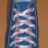 Red, White and Blue Shoelaces  Royal blue high top chuck with red, white and blue weave shoelaces.