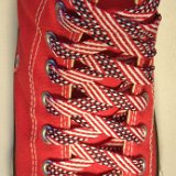 Red, White and Blue Shoelaces on Chucks  Red high top chuck with Stars and Stripes retro weave shoelaces.