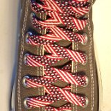 Red, White and Blue Shoelaces on Chucks  Charcoal Grey high top chuck with Stars and Stripes retro weave shoelaces.