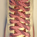 Red, White and Blue Shoelaces on Chucks  Natural (unbleached) high top chuck with Stars and Stripes retro weave shoelaces.