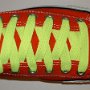 Neon Yellow Retro Shoelaces  Red low top chuck with neon yellow retro laces.