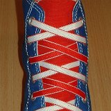 Reversible Shoelaces On Chucks  Royal blue and red 2-tone high top with red and white reversable laces.