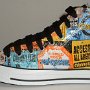 Rock and Roll High Top Chucks  Left outside view of a coated backstage pass print high top.