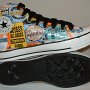Rock and Roll High Top Chucks  inside patch and sole views of coated backstage pass print high tops.