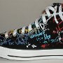 Rock and Roll High Top Chucks  Outside view of a left black punk print high top.