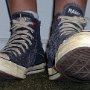 Rock and Roll High Top Chucks  Stepping out in a pair of Ramone's high tops with hemp laces, front view 2.