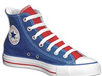 Royal Blue and Red 2-Tone High Top Chucks  Royal and red 2 tone high top, angled inside patch view.