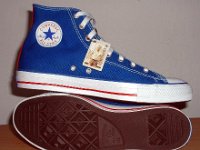 Royal Blue and Red 2-Tone High Top Chucks  Royal blue and red 2-tone high tops, new with tag, inside patch and outsole views.