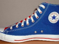 Royal Blue and Red 2-Tone High Top Chucks  Right royal blue and red 2-tone high top, inside patch view.