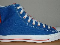 Royal Blue and Red 2-Tone High Top Chucks  Right royal blue and red high top, outside view.