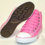 Simple Details High Top Chucks  Front and sole views of pink simple details high tops.