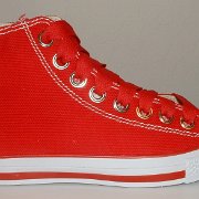 Simple Details High Top Chucks  Outside view of a right red simple details high top.