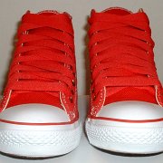 Simple Details High Top Chucks  Front view of red simple details high tops.