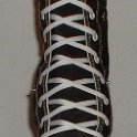 Skate Shoelaces on Knee High Chucks  White 84 inch shoelaces on a right black knee high.