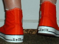 Socks for Your Chucks  Quarter high socks with grey toe and heel worn with orange high tops, rear view.