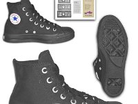 Stencil Chucks  Catalog photo of black monochrome stencil high tops, showing right outside view, left inside patch view, left sole view, and the All Star stencil inserts, flyer, and envelope.
