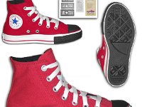 Stencil Chucks  Catalog photo of red monochrome stencil high tops with black toe caps and guards, showing right outside view, left inside patch view, left sole view, and the All Star stencil inserts, flyer, and envelope.