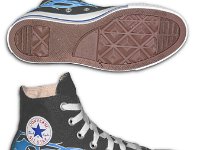 Tattoo High Top Chucks  Catalog view of a left black and navy blue tattoo high top, showing sole and inside patch views.