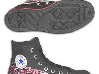 Tattoo High Top Chucks  Catalog view of a left monochrome black and red tattoo high top, showing sole and inside patch views.