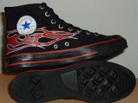Tattoo High Top Chucks  Inside patch and sole views of monochrome black and red tattoo high tops.