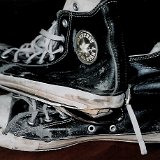 Trashed High Top Chucks  Angled outside and inside views of trashed leather jewel high tops.