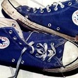 Trashed High Top Chucks  Inside patch and top views of trashed royal blue high tops.