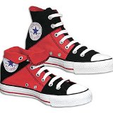 Tri-Color Chucks  Angled side view of a black, red, and white tri-color foldover high top.