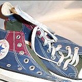 Tri-Color Chucks  Inside patch and top views of maroon, green, and blue tri-color high tops.
