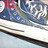 Tri-Color Chucks  Inside patch and top views of maroon, green, and blue tri-color high tops.