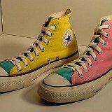Tri-Color Chucks  Angled side views of green, yellow, and pink tri-color high tops.