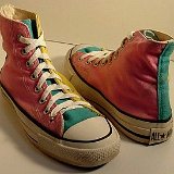 Tri-Color Chucks  Angled outside views of green, yellow, and pink tri-color high tops.