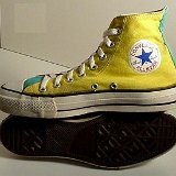 Tri-Color Chucks  Inside patch and sole views of green, yellow, and pink tri-color high tops.