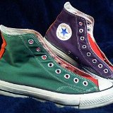 Tri-Color Chucks  Side view of green, pruprle, and red tri-color high tops