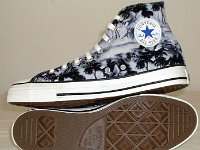 Tropical and Nautical Pattern Chucks  Blue Hawaiian high tops, inside patch and sole views.