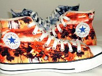 Tropical and Nautical Pattern Chucks  Orange and Blue Hawaiian high tops, inside patch view.