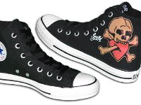 Tropical and Nautical Pattern Chucks  Angled side view of black Sailor Jerry high tops.