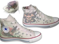 Tropical and Nautical Pattern Chucks  Side view of white Sailor Jerry high tops.