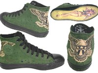 Tropical and Nautical Pattern Chucks  Multiple views of green leather Sailor Jerry high tops.