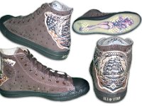 Tropical and Nautical Pattern Chucks  Multiple views of Death or Glory brown leather high tops.
