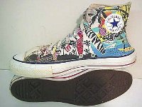 Tropical and Nautical Pattern Chucks  Surfer print high tops, inside patch and sole views.