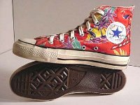 Tropical and Nautical Pattern Chucks  Tropical print high tops, inside patch and sole views.