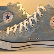 Washed Denim High Top Chucks  Inside patch views of washed denim high tops.