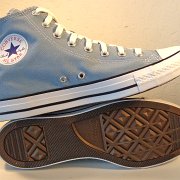 Washed Denim High Top Chucks  Inside patch and sole views of washed denim high tops.