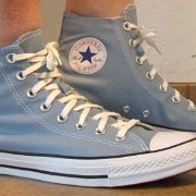 Washed Denim High Top Chucks  Wearing washed denim high tops, right side view 1.