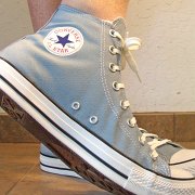 Washed Denim High Top Chucks  Wearing washed denim high tops, right side view 2.