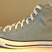 Washed Denim High Top Chucks  Outside view of a left high top.