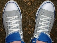 Wearing Rolled Down High Top Chucks  Top view of gray and royal foldovers laced using the "Triangle" method with classic white shoelaces.