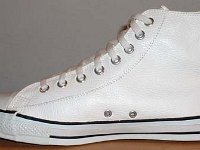 White Leather Jewel High Top Chucks  Right white leather jewel high top, inside view.